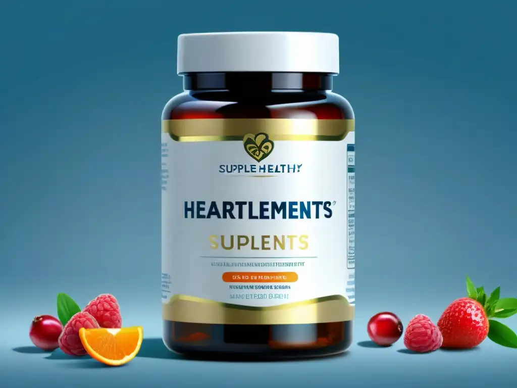 Suplementos Cardiosaludables: Elegancia y vitalidad en un frasco Un frasco moderno y elegante de suplementos cardiosaludables, con diseño minimalista y acabado metálico