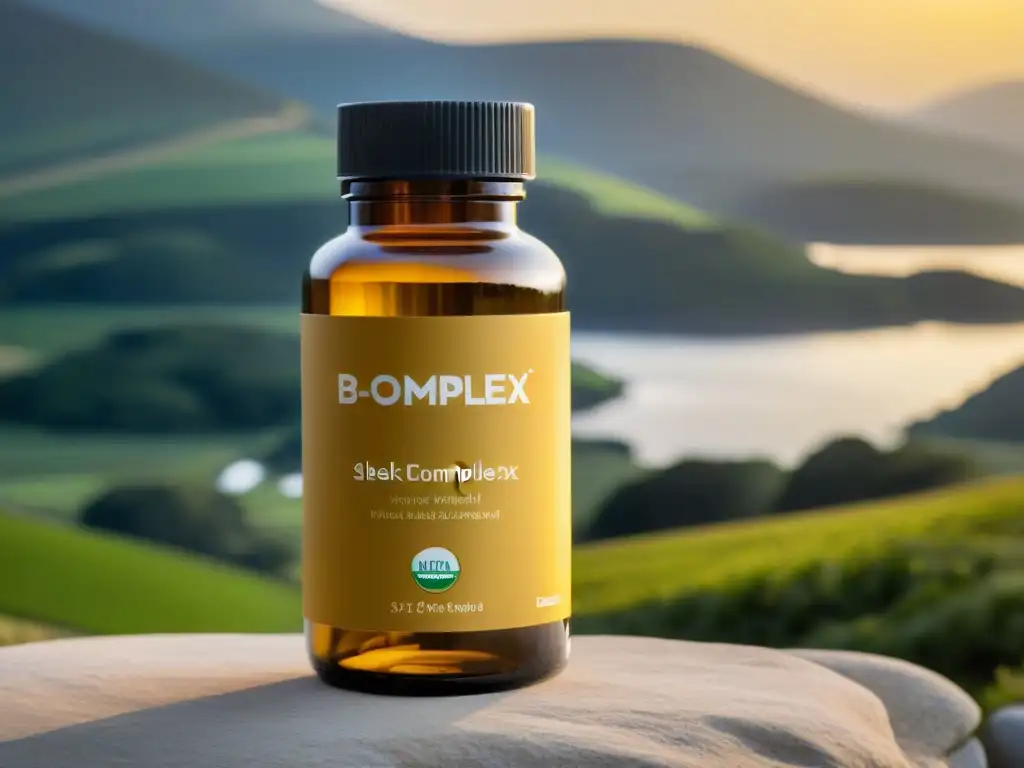 BComplex: Bienestar natural en un frasco Un frasco moderno de suplementos BComplex brilla bajo la luz dorada, evocando calma y equilibrio en un paisaje sereno