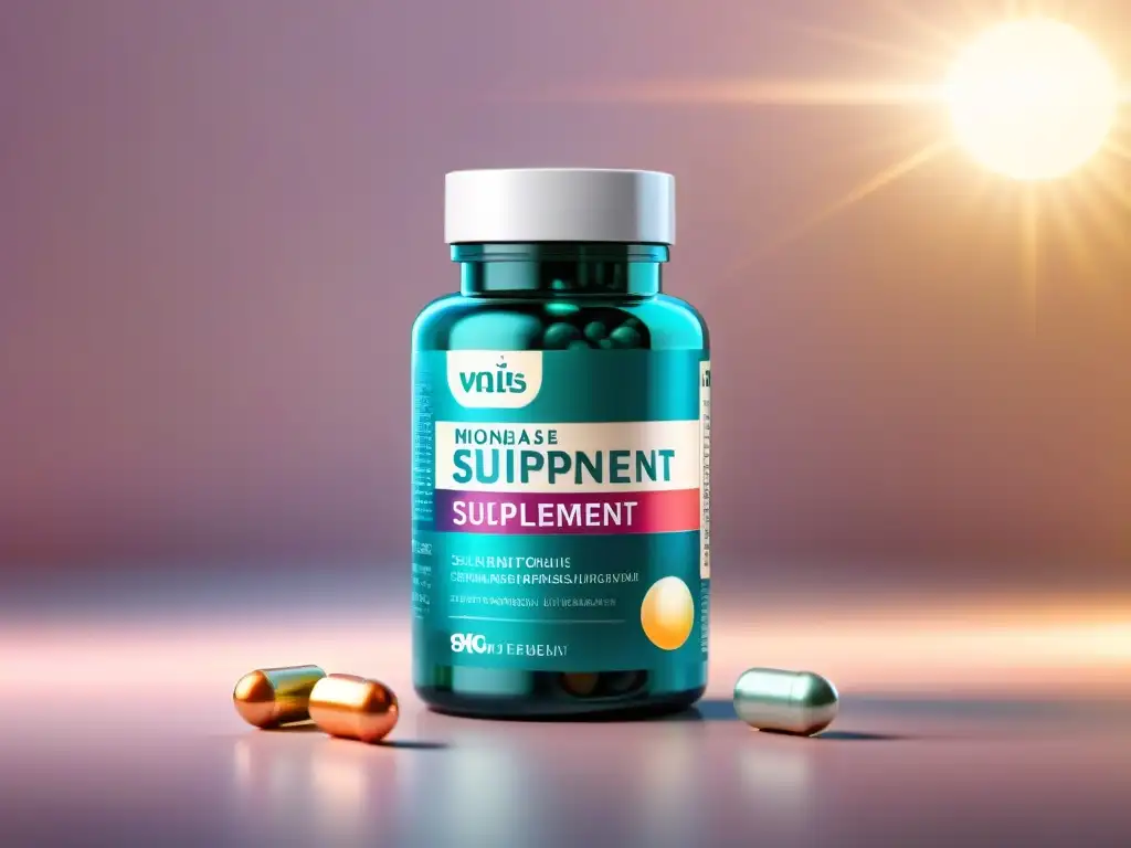 Suplemento de menopausia: imagen detallada y profesional Un frasco moderno de suplementos para menopausia efectivos, con pastillas perfectamente dispuestas, sobre fondo pastel iluminado