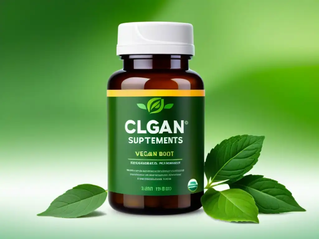 Suplemento vegano de CLA: Salud y modernidad en una botella Un frasco moderno de suplementos CLA veganos, con etiqueta minimalista sobre fondo de verduras, evocando salud y bienestar
