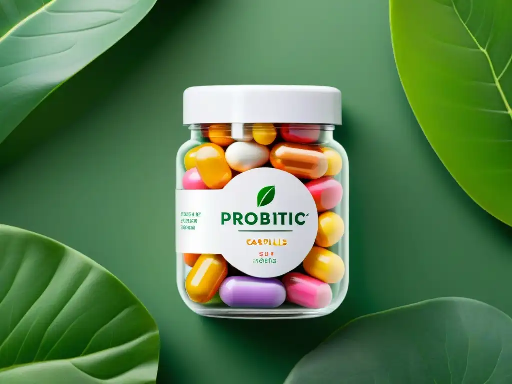 Suplementos probióticos: vitalidad en un frasco Un frasco moderno de vidrio lleno de cápsulas probióticas coloridas, rodeado de vegetación exuberante y luz natural suave