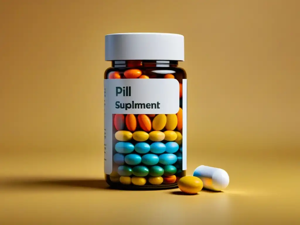 Suplementos para el enfoque: Selección vibrante y detallada Un frasco de pastillas moderno rodeado de suplementos coloridos, creando una composición vibrante y detallada