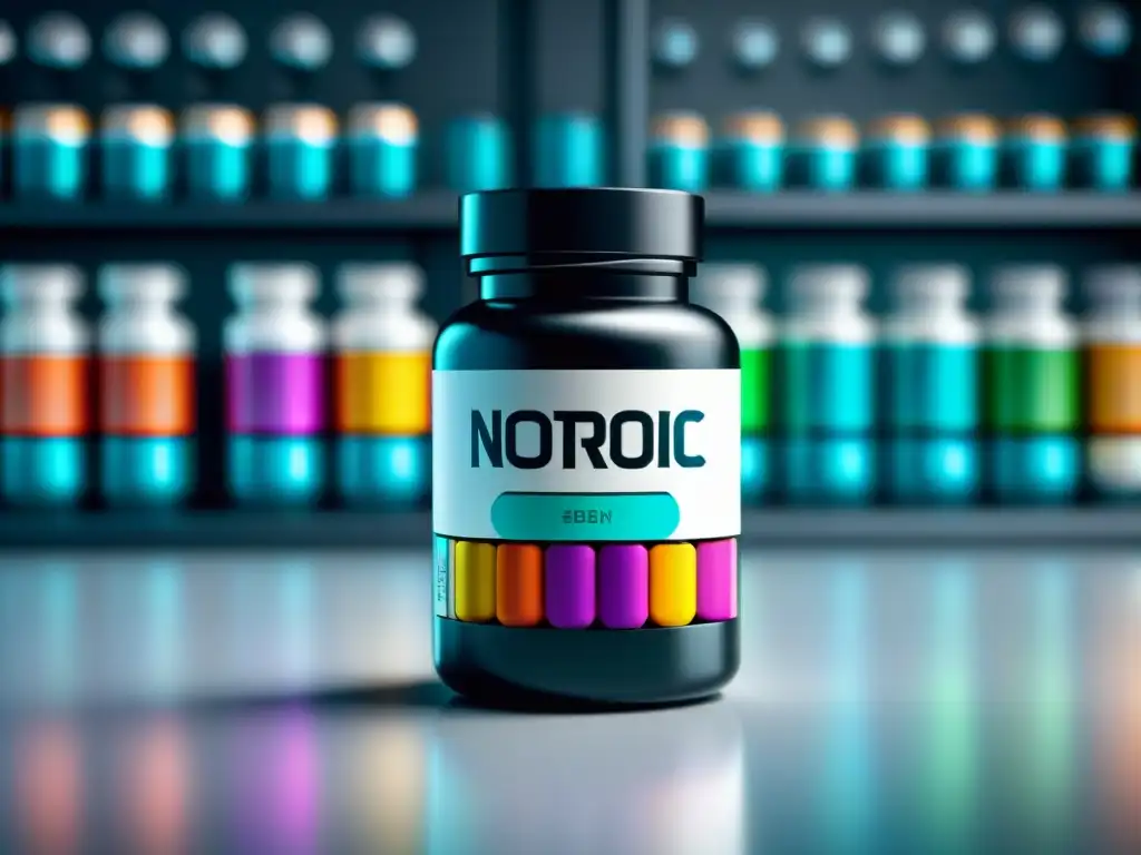 Botella de píldoras nootrópicas: ciencia avanzada y beneficios Un frasco de píldoras de aspecto moderno y elegante, lleno de cápsulas y tabletas de nootrópicos con símbolos de ingredientes populares