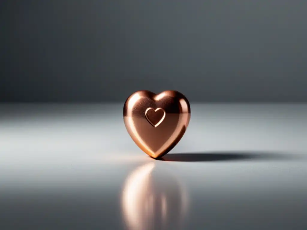 Suplementos de cobre brillante en botella corazón sobre encimera blanca Un frasco de píldoras de cobre en forma de corazón derramando suplementos, simbolizando beneficios para la salud cardiovascular
