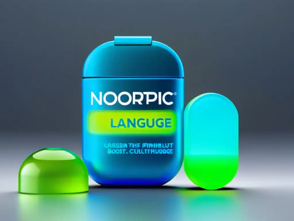 Píldoras Nootrópicas: Impulso Cognitivo Un frasco de píldoras futurista con suplementos nootrópicos para aprender idiomas, en un ambiente de alta tecnología y sofisticación