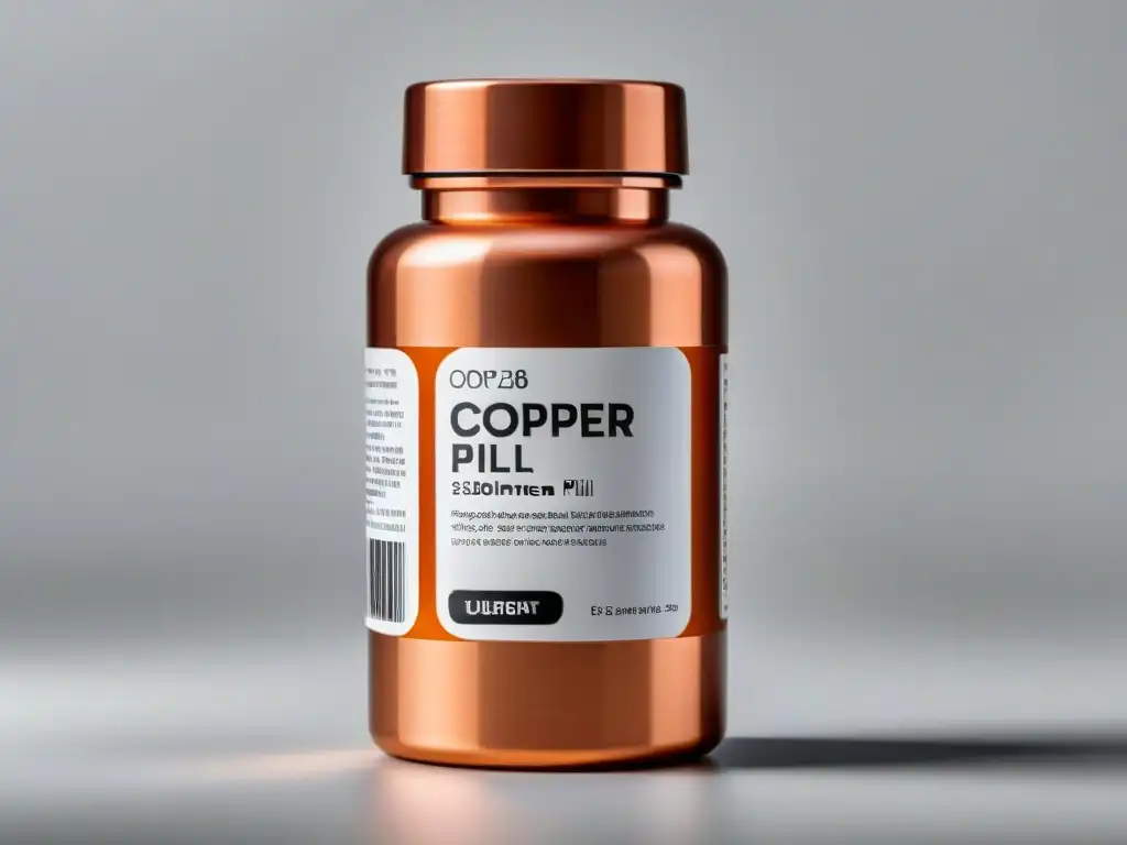Suplemento de Cobre de Alta Calidad en Botella Moderna Un frasco de suplemento de cobre moderno y elegante, con instrucciones claras