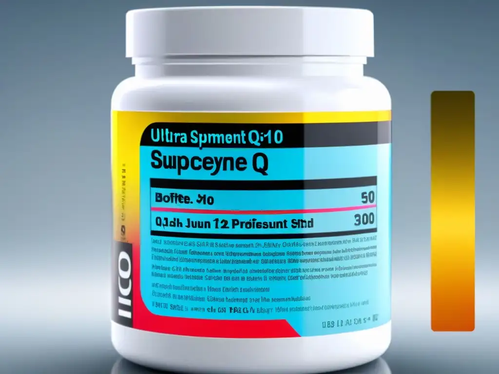Suplemento de Coenzima Q10: Detalle Ultrafino Un frasco de suplemento de Coenzima Q10 con etiqueta detallada y diseño moderno, ideal para aliviar el dolor crónico