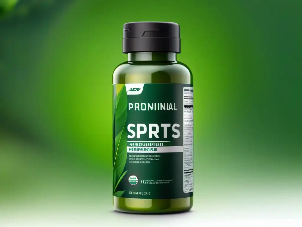 Botella de suplemento deportivo ecológico: energía y vitalidad Un frasco de suplemento deportivo moderno y ecológico, rodeado de vegetación exuberante