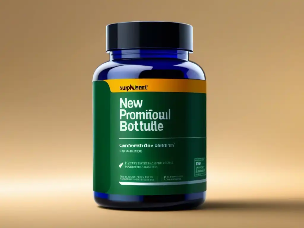 Suplemento moderno con etiquetado nutricional vibrante Un frasco de suplemento moderno y elegante destaca con las nuevas directrices de etiquetado nutricional