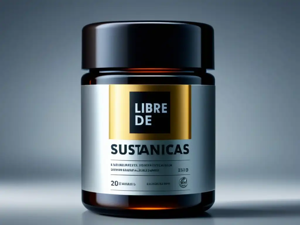 Botella de suplemento: Certificación de Libre de Sustancias Prohibidas Un frasco de suplemento moderno y elegante con certificaciones de calidad, transmitiendo confianza y sofisticación
