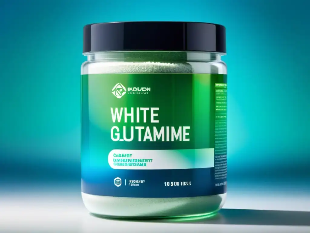 Un frasco de suplemento nutricional con glutamina en polvo, resplandece en un fondo azul verdoso, transmitiendo vitalidad