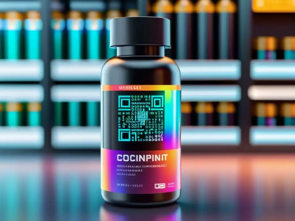 Suplemento blockchain: transacción verificada en laboratorio futurista Un frasco de suplemento transparente con un código QR holográfico verificado por blockchain