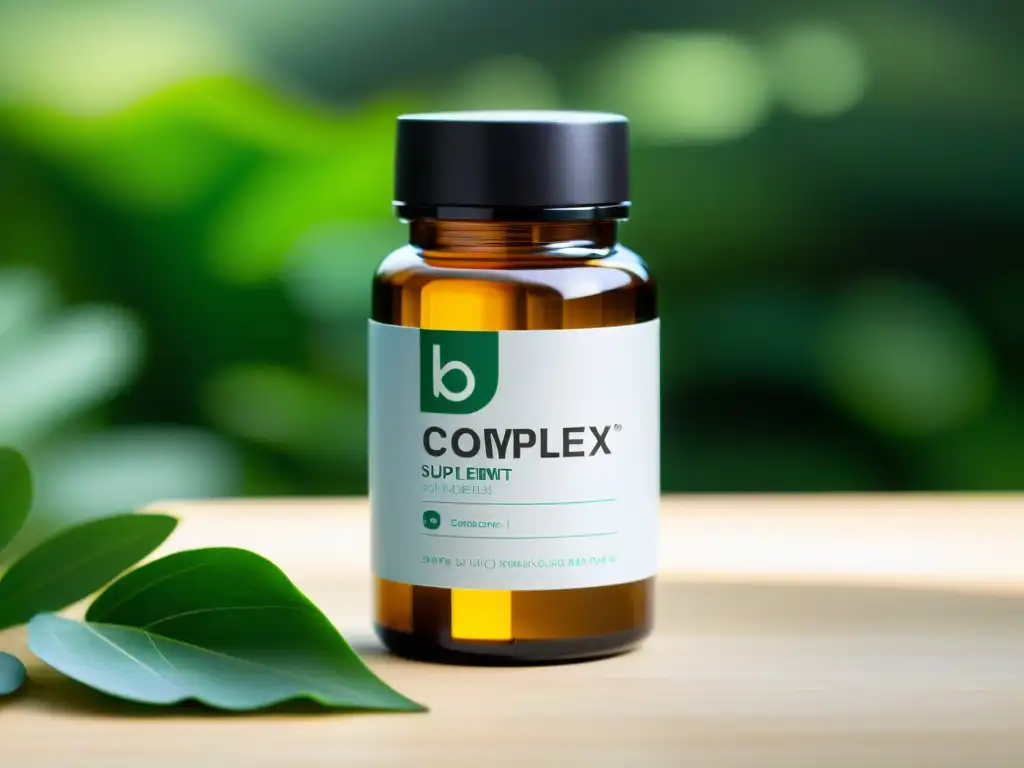 Suplemento BComplex: Equilibrio y Bienestar Natural Un frasco de suplementos BComplex en un entorno natural sereno, transmite equilibrio y bienestar para la prevención de la depresión