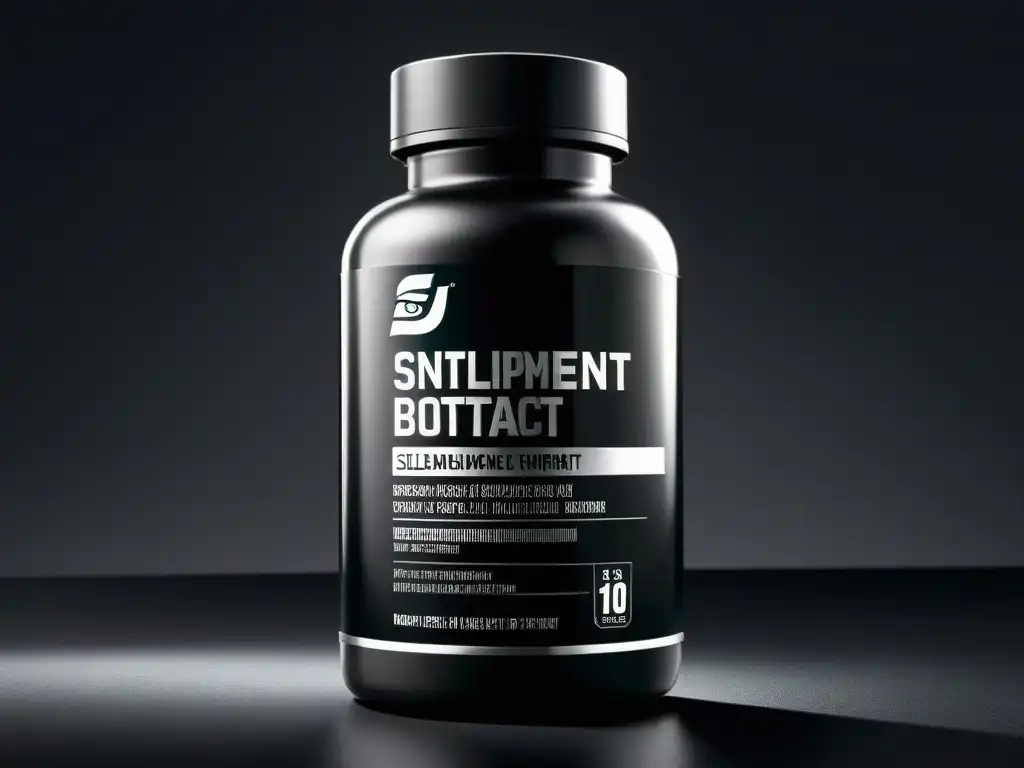 Botella de suplemento ecológico: impacto ambiental detallado Un frasco de suplementos deportivos con elegante diseño minimalista, estadísticas de huella de carbono y efecto dramático de iluminación