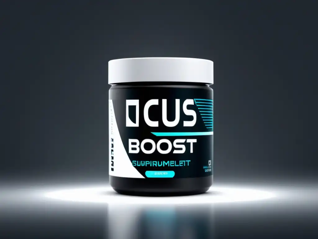 Suplemento Focus Boost: Innovación y sofisticación Un frasco de suplementos moderno y minimalista 'Focus Boost' en un entorno futurista