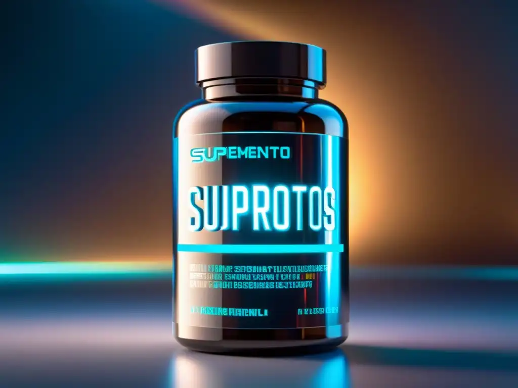 Suplementos Nootrópicos: Avance Cerebral 8k Un frasco de suplementos nootrópicos para potenciar el cerebro con pantalla holográfica, energía pulsante y un laboratorio futurista