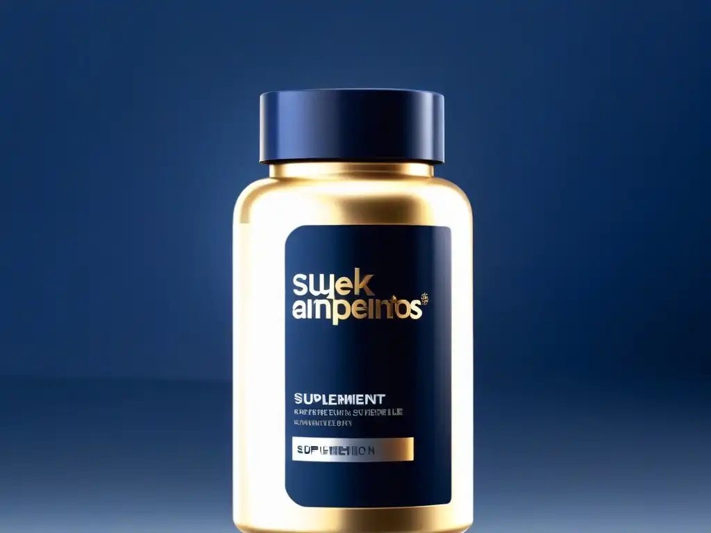 Un frasco de suplementos premium antienvejecimiento con diseño minimalista en tonos de azul y plata, irradiando sofisticación y vanguardia
