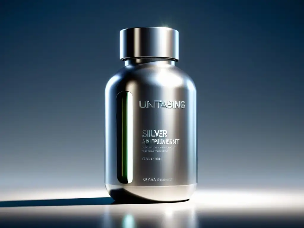 Un frasco de suplementos premium antienvejecimiento en plata y vidrio, con un diseño moderno y elegante, rodeado de un suave resplandor