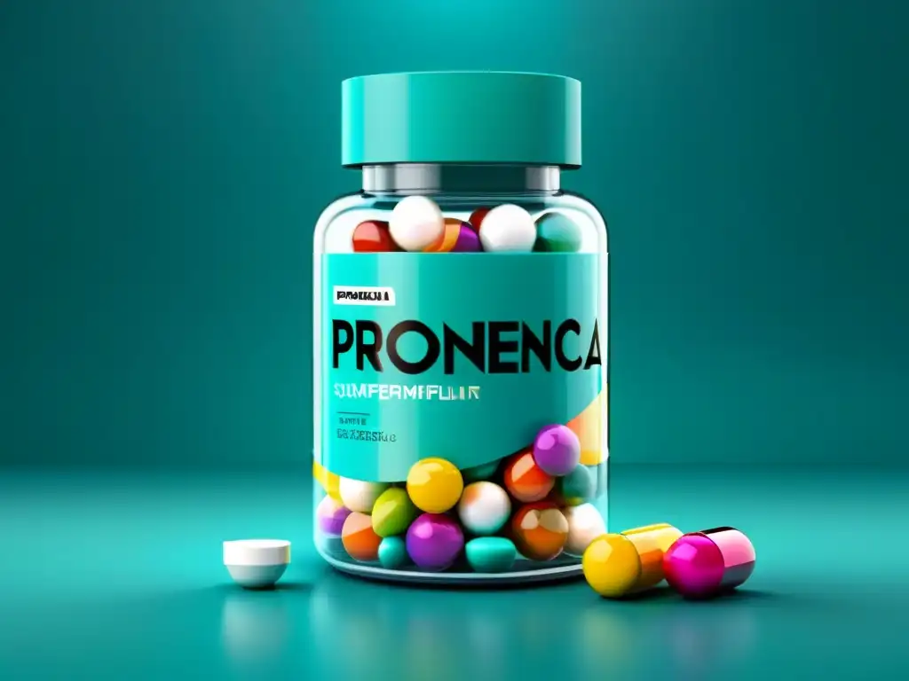 Suplementos Transparentes: Profesionalismo y Variedad Un frasco transparente de suplementos con la palabra 'TRANSPARENCIA' en tipografía llamativa
