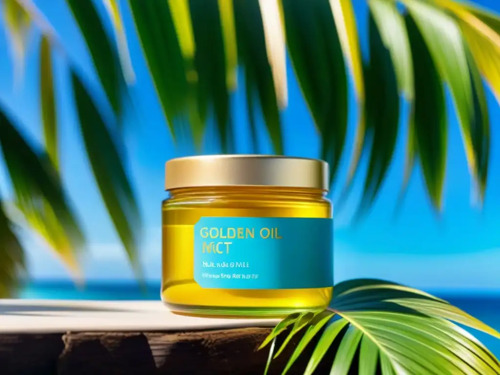 Un frasco de vidrio con aceite MCT dorado, rodeado de exuberantes palmeras y cielo azul