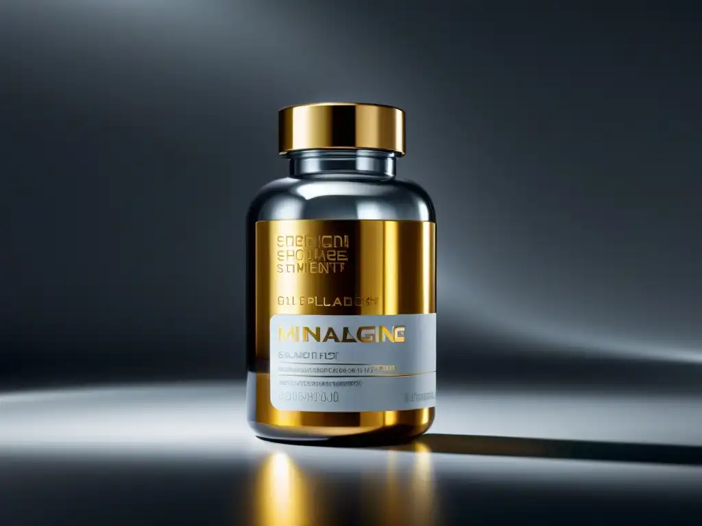 Un frasco de vidrio futurista con suplementos antienvejecimiento premium, rodeado de un laboratorio de alta tecnología