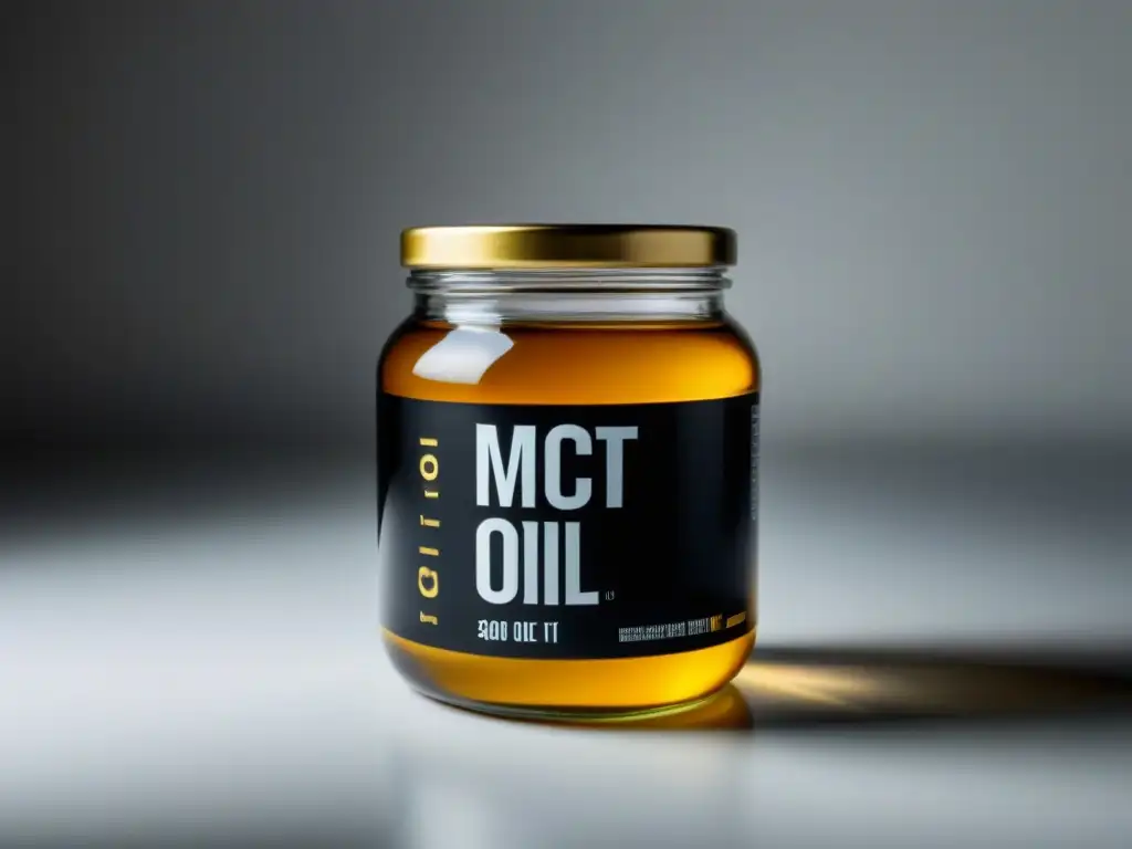 Un frasco de vidrio lleno de aceite MCT dorado, con etiqueta moderna y beneficios del aceite MCT en dieta keto