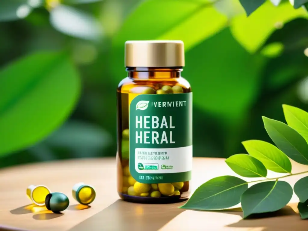 Suplemento herbal para bienestar mental en botella de vidrio Un frasco de vidrio moderno y elegante lleno de cápsulas verdes de suplemento herbario, iluminado por el cálido sol entre la exuberante vegetación
