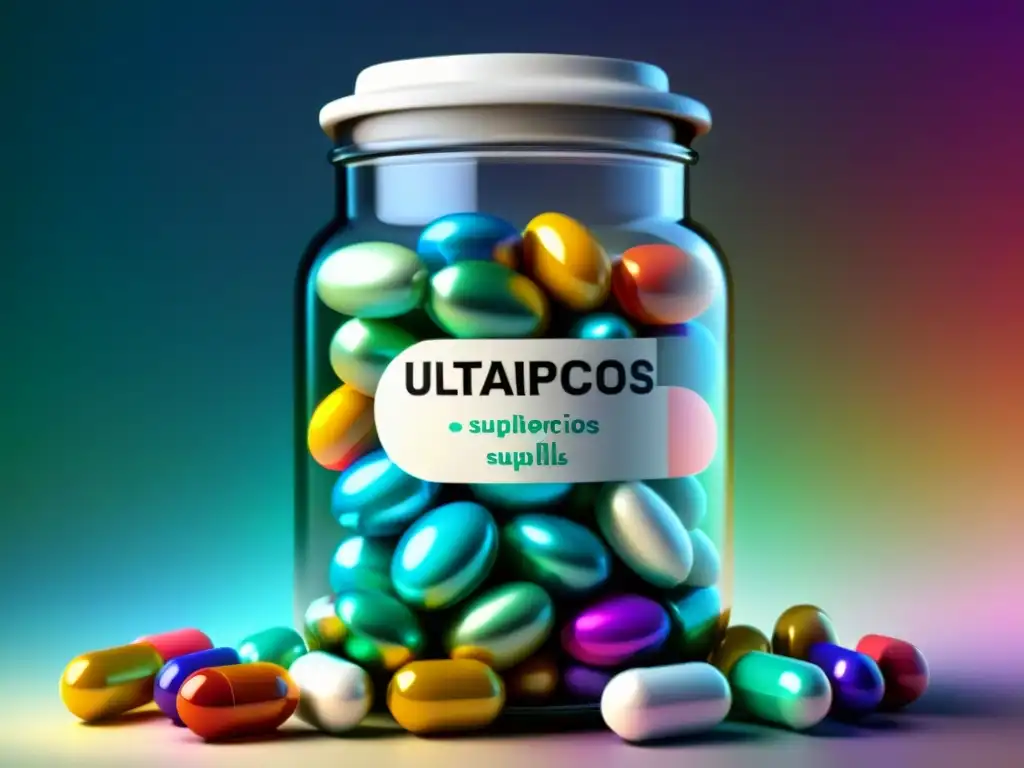 Suplementos nootrópicos: píldoras coloridas en frasco de vidrio Un frasco de vidrio moderno lleno de suplementos nootrópicos coloridos