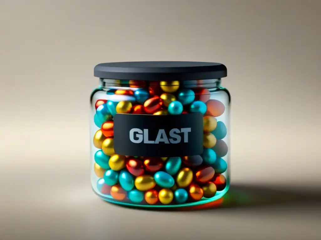 Suplementos nootrópicos de vanguardia en frasco de vidrio Un frasco de vidrio moderno con suplementos nootrópicos para mejorar rendimiento, en una atmósfera futurista y elegante