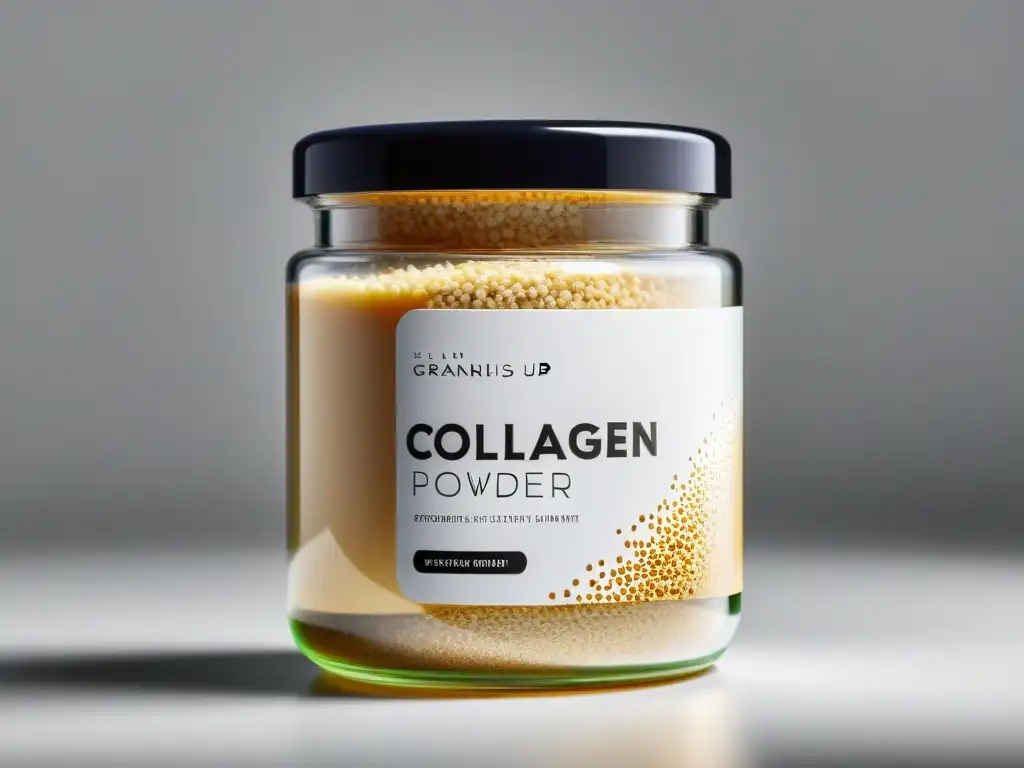 Colágeno puro: detalle ultranítido en frasco Un frasco de vidrio transparente lleno de polvo de colágeno, con gran detalle y pureza