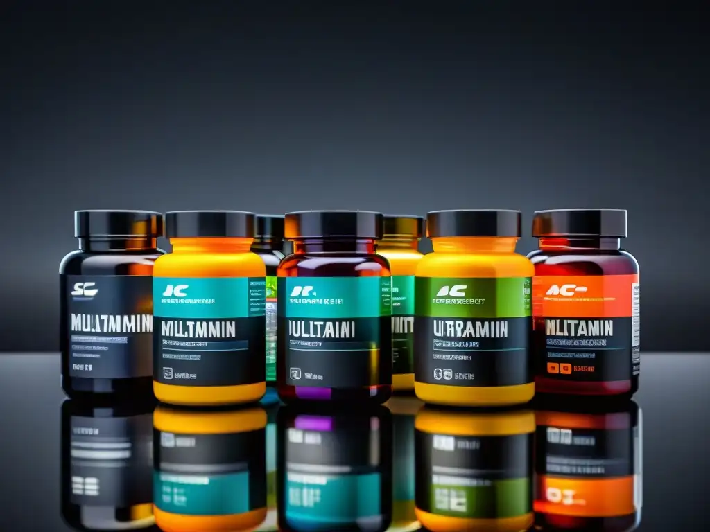Multivitaminas de Alto Rendimiento: Precisión y Energía Varios frascos de multivitaminas deportivas con diseño moderno y colores vibrantes sobre superficie de vidrio negro