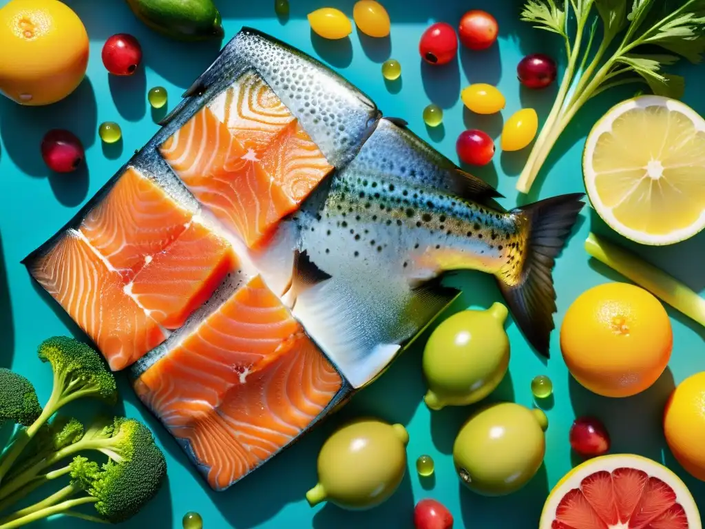 Salmon fresco rodeado de frutas y verduras: fuente natural de Omega 3 Salmon fresco rodeado de frutas y verduras vibrantes, evocando vitalidad y salud con Omega 3 suplementos postBrexit Europa
