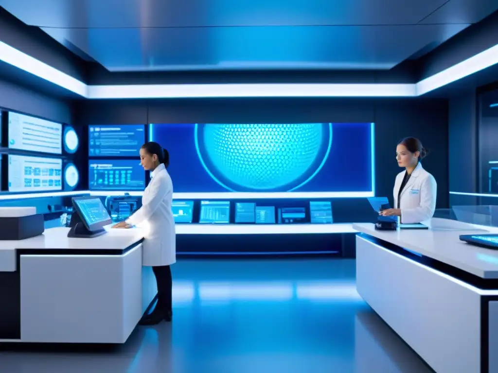 Lab futurista con científicos analizando ADN en pantallas holográficas y creando suplementos personalizados adaptados ADN en impresoras 3D