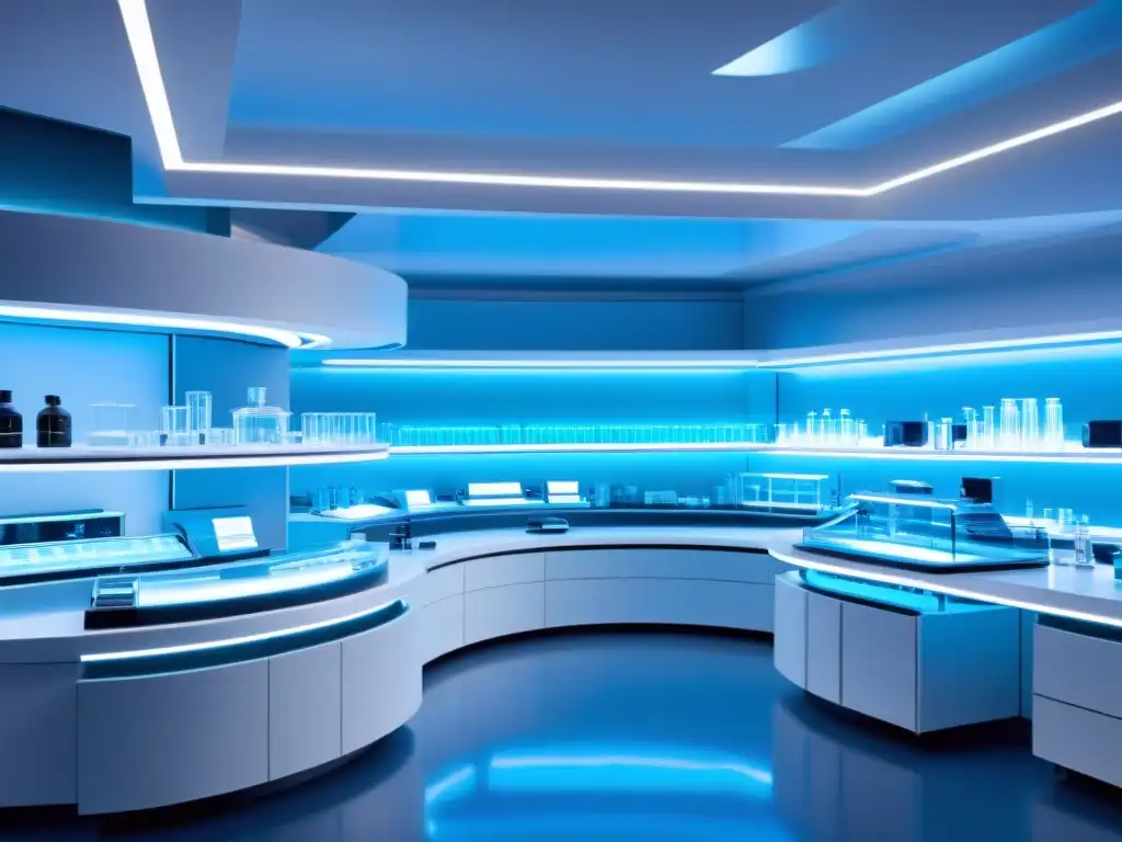 Lab futurista con científicos trabajando en suplementos personalizados adaptados al ADN, en un ambiente tecnológico de vanguardia y luz azul suave