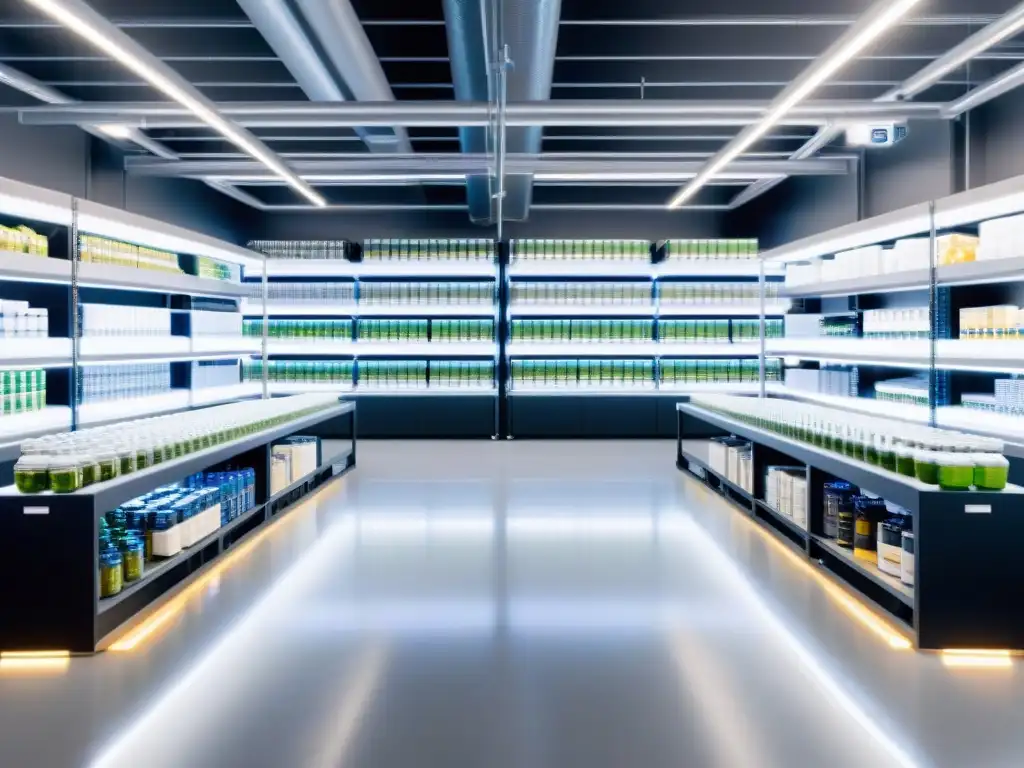 Instalación futurista con tecnología de vanguardia para el procesamiento transparente de suplementos deportivos Almacén futurista con tecnología de cadena de suministro suplementos blockchain, iluminado con luces LED blancas brillantes
