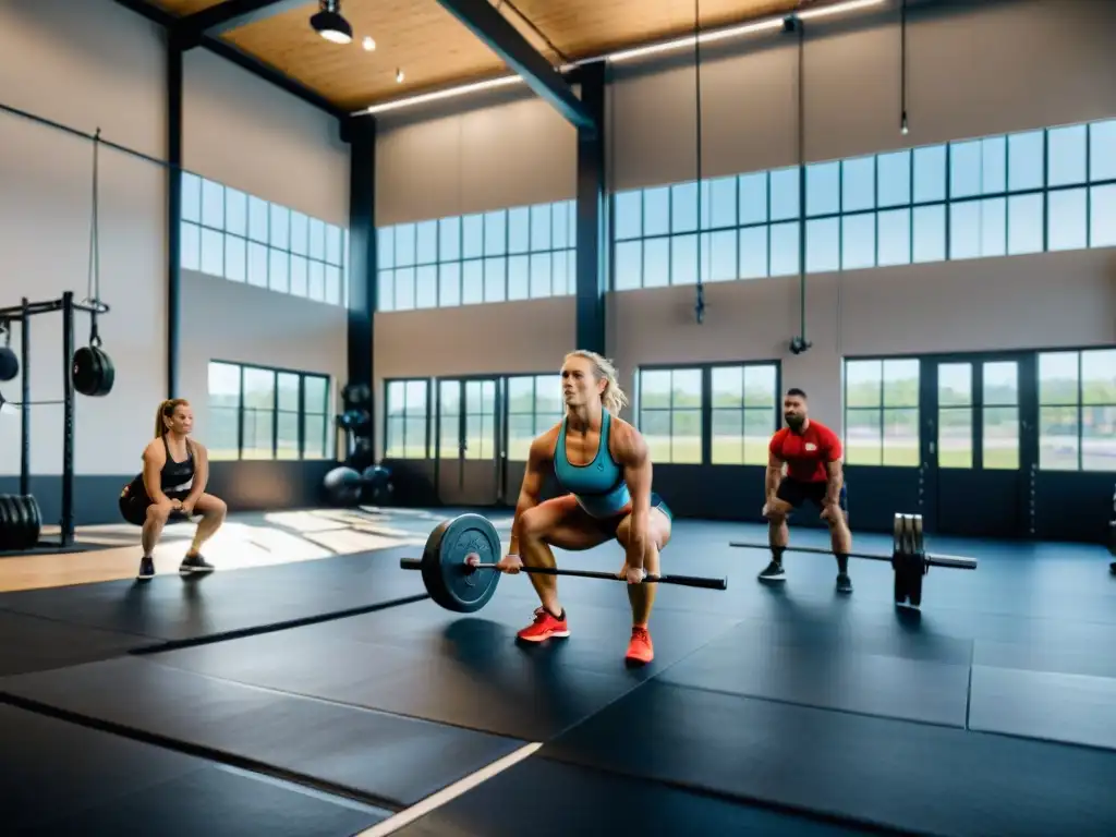 Crossfit: Energía y determinación en un gimnasio de última generación Un gimnasio de Crossfit bien equipado con atletas realizando ejercicios de levantamiento de pesas