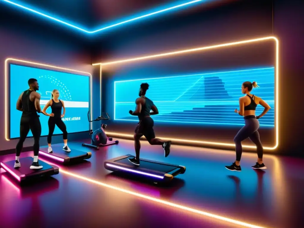 Entrenamiento futurista con tecnología de vanguardia Un gimnasio futurista con equipos de entrenamiento metálicos, realidad aumentada y tecnología genética suplementos deportivos
