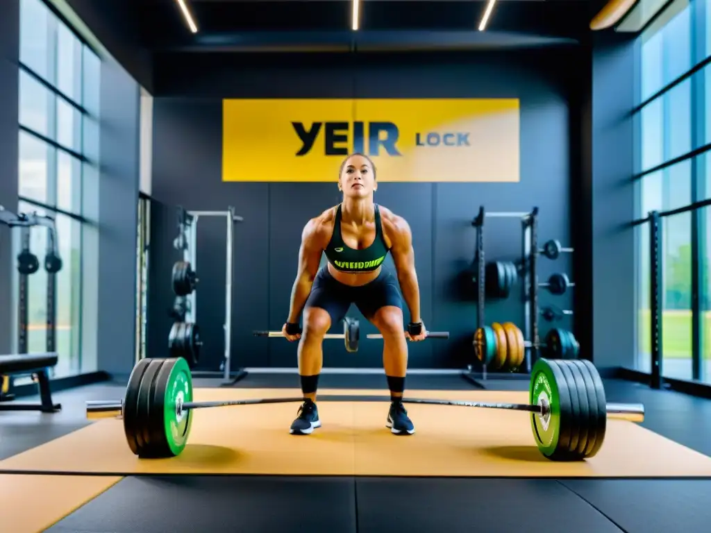 Levantamiento de pesas en gimnasio moderno Un gimnasio moderno con atleta realizando levantamiento de pesas