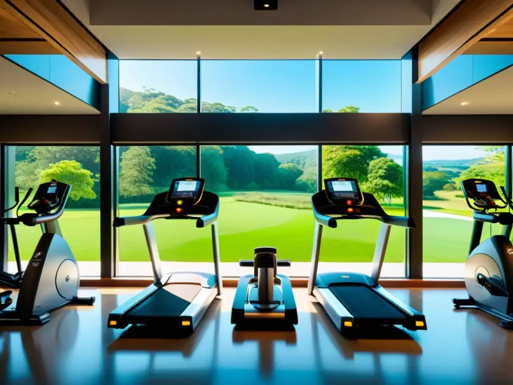 Gimnasio ecológico con diseño moderno y sostenible Un gimnasio moderno y ecológico con equipos sostenibles y vistas a la naturaleza