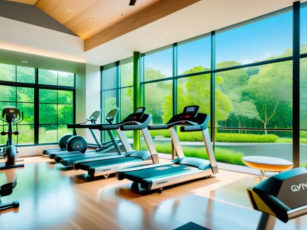 Gimnasio ecológico con equipamiento moderno y atmósfera natural Un gimnasio moderno y ecológico con luz natural, equipo deportivo ecofriendly y atletas diversos