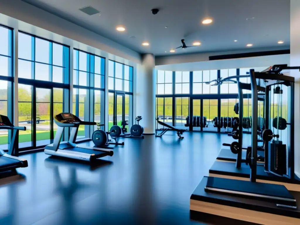 Gimnasio moderno con estaciones de entrenamiento y suplementos Un gimnasio moderno con luz natural, estaciones de entrenamiento y suplementos proteicos organizados