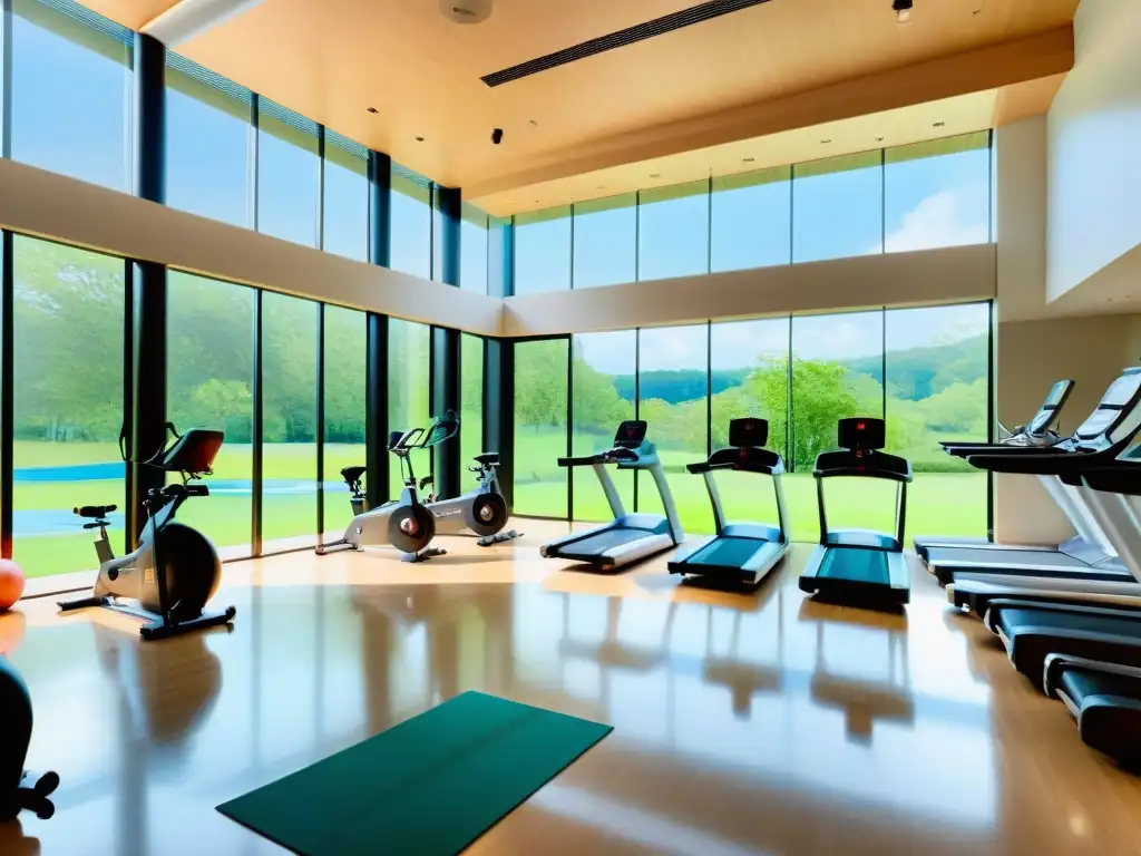 Gimnasio moderno con vista panorámica a la naturaleza Un gimnasio moderno con luz natural y vistas a un paisaje verde