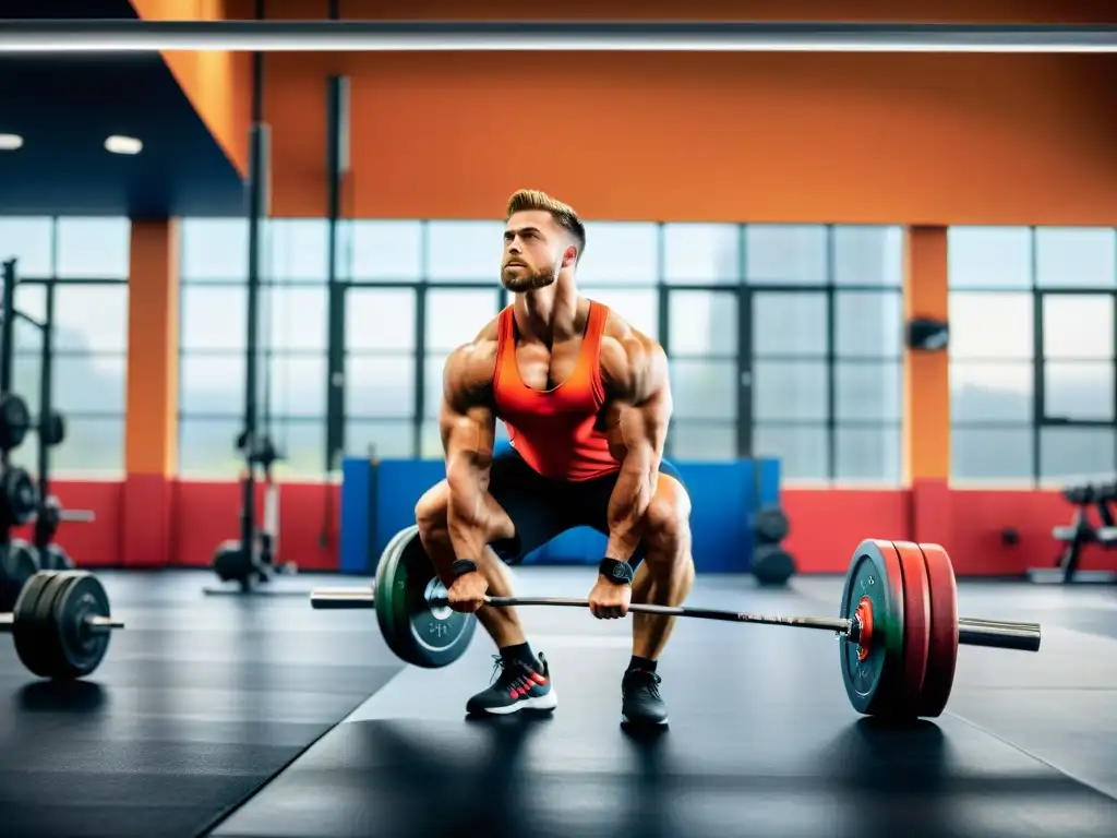 Espacio de Crossfit con Equipamiento Profesional Un gimnasio moderno y vibrante con equipos de levantamiento de pesas de última generación