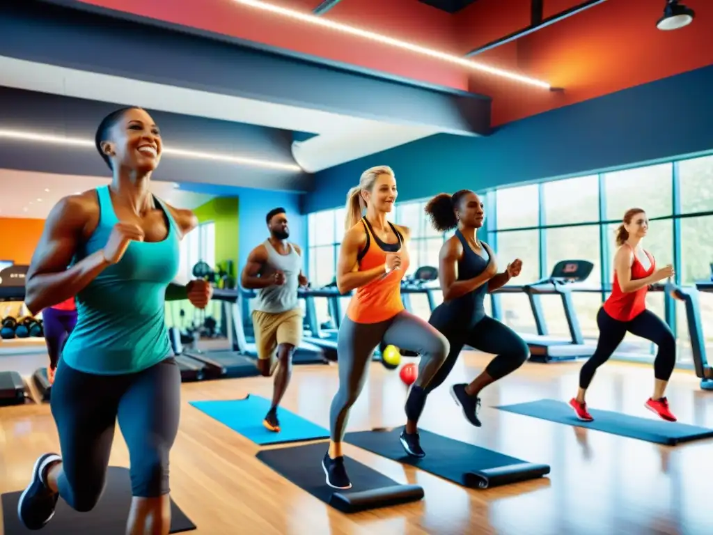 Grupo diverso se ejercita en moderno gimnasio Un gimnasio moderno y vibrante con personas de diversas edades y etnias, practicando running, levantamiento de pesas y yoga