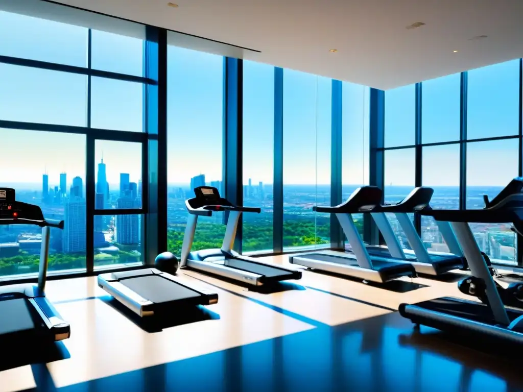 Gimnasio moderno con vista panorámica y diversidad de entrenamientos Un gimnasio moderno con vista panorámica de la ciudad a través de ventanas de piso a techo
