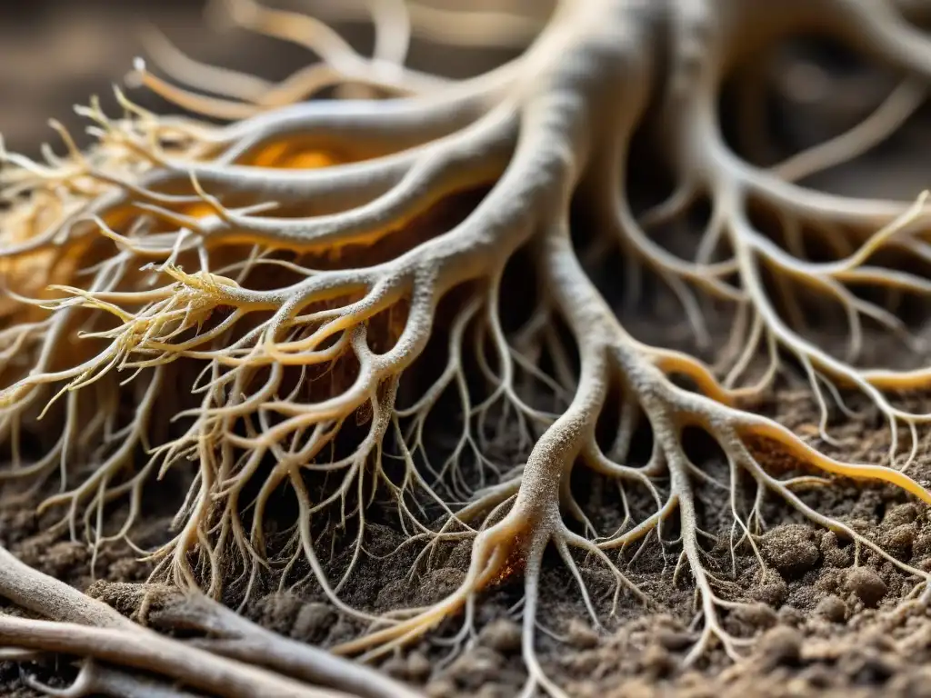 Raíz de ginseng: Textura orgánica y tonos terrosos Raíz de ginseng con textura terrosa, fibras delicadas y partículas de tierra