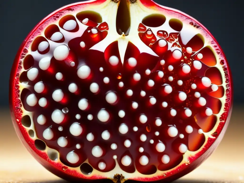 Pomegranate: Vida y Color en Detalle Una granada roja y jugosa, llena de antioxidantes para reducir dolor crónico, con semillas brillantes y jugosas