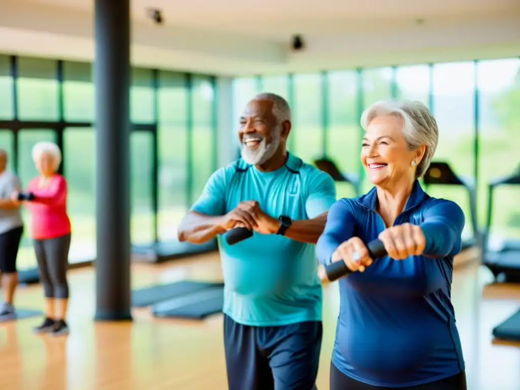 Entrenamiento de fuerza para adultos mayores: vitalidad y compañerismo Un grupo de adultos mayores diversos disfrutando de actividades de fitness en un gimnasio luminoso y amplio, demostrando los beneficios de mantener la fuerza muscular en la vejez