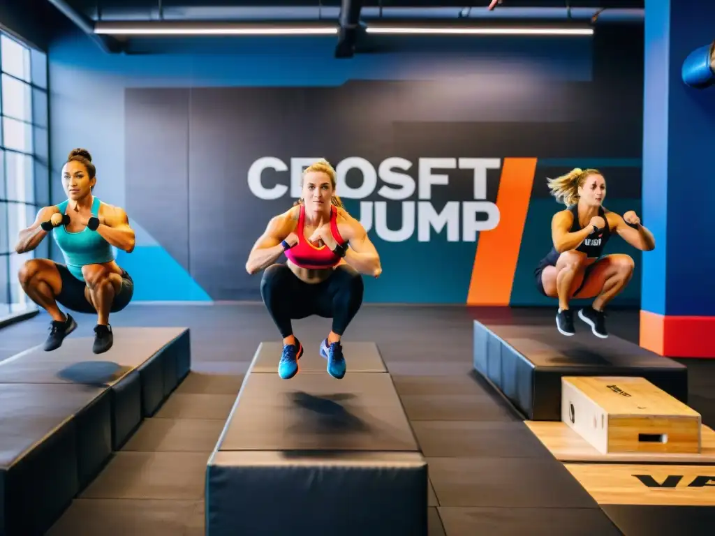 Atletas de CrossFit desafían la gravedad con saltos explosivos Grupo de atletas de CrossFit saltando cajas en un gimnasio moderno y bien iluminado