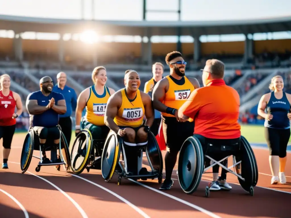 Atletas con discapacidad en pista: inclusión y determinación Grupo de atletas con discapacidad adaptando suplementos en una pista, rodeados de apoyo y determinación, bajo el cálido atardecer
